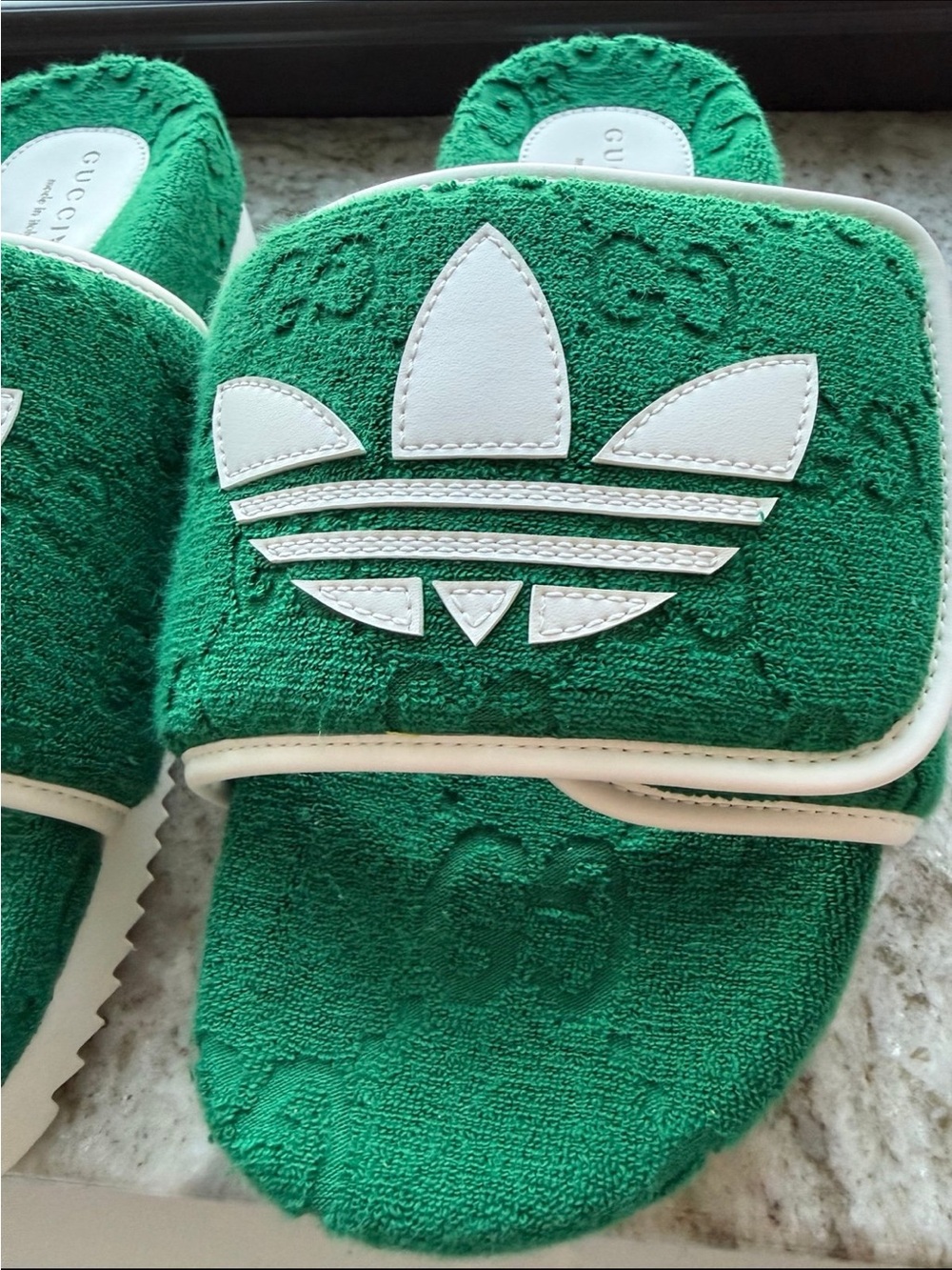 Gucci Green Terry Logo Slide Sandals with White Insole Patch